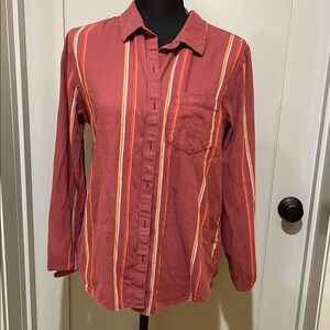 Prana Red Button Up Blouse with Stripes and Roll Up Sleeves